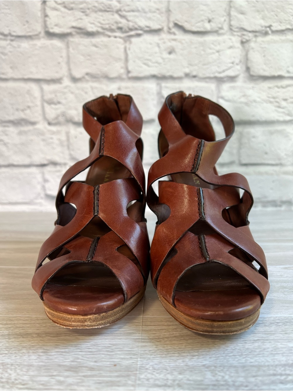 Cole Haan Cognac Leather Wedge Platform Sandals Size 8.5 - Picture 6 of 9